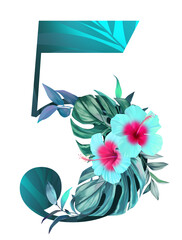 Alphabet.  Number 5. Letters, numbers. Decorated in tropical style. Blue hibiscus flowers, palm leaves, flowers