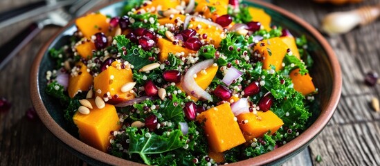 Vegan salad with pumpkin, quinoa, kale, pomegranate, onion, and sunflower seeds.