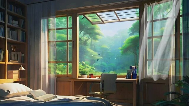 bedroom, study table, with a view outside the window of green nature