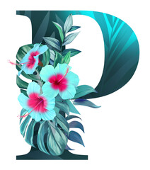 Alphabet.  Letter p. Letters, numbers. Decorated in tropical style. Blue hibiscus flowers, palm leaves, flowers