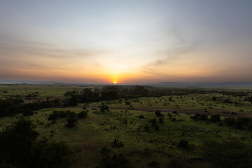 Panorama in africa at sunrise, viewed from a hot air balloon, Masai Mara National Reserve, Kenya.