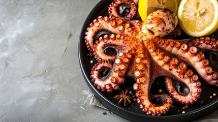 Grilled octopus with lemon slices and basil on a dark plate and gray surface.