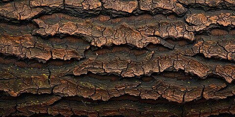 Rustic textures of old tree bark nature rugged artistry etched in time. Close up of weathered wooden planks tapestry of life in forest embrace. Nature design in line from dark cracks to rough