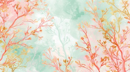 Watercolor painting of pink leaves and gold speckles on a teal background.