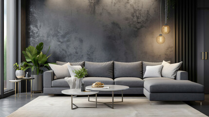 Grey sofa with cushions in interior of modern light