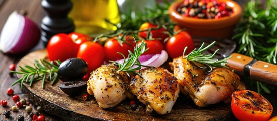 Selective focus on table with cooked chicken, tomato, onion, pepper, and olive.