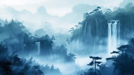 Rolgordijnen Blue misty landscape with a serene forest waterfall © Chingiz