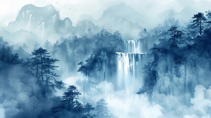 Blue misty landscape with a serene forest waterfall