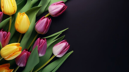 Elegant bouquet of pink, yellow, and purple tulips on a dark background, a symbol of spring freshness.