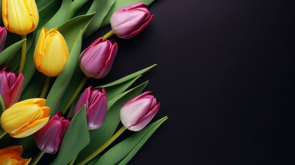 Obraz premium Elegant bouquet of pink, yellow, and purple tulips on a dark background, a symbol of spring freshness.