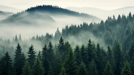 Naklejka na ściany i meble A tranquil morning scene with mist weaving through a dense forest of evergreen trees on rolling hills.