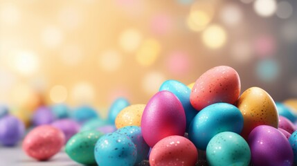Fototapeta na wymiar Vibrant Easter eggs with a speckled pattern against a bokeh light background, celebrating Easter.