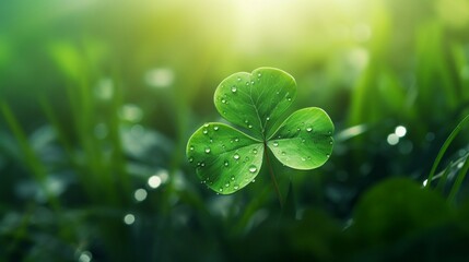 A single clover leaf covered in fresh dew drops, illuminated by soft morning sunlight.