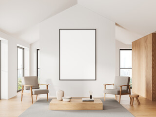 Cozy home lounge room interior with armchairs and window, mockup frame