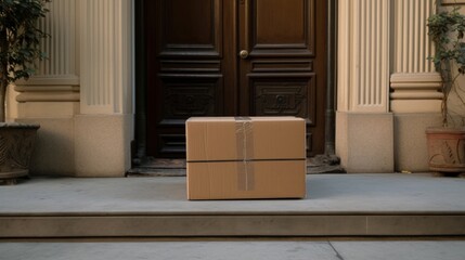 A lone cardboard box awaits pickup on a residential doorstep, symbolizing home delivery.