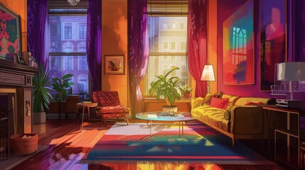 Fototapeta na wymiar Concept art illustration of apartment living room interior in New York city