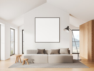 Modern home lounge room interior with couch and window, mockup frame