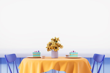 Cafe table with chairs and vase with flowers, cakes and coffee. Mock up banner