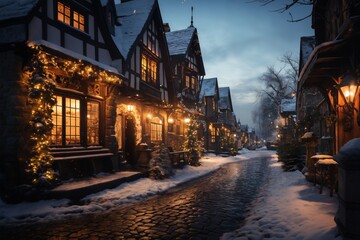 Fototapeta na wymiar beautiful view of village street in winter, exteriors of houses decorated for Christmas or New Year holiday, snow, street lights, festive environment
