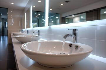 view Public bathroom setting row of white ceramic washbasins and faucets