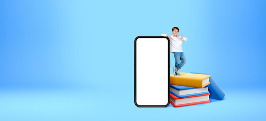 Boy with blank screen phone and digital library