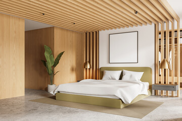 White and wooden bedroom corner with wardrobe and poster