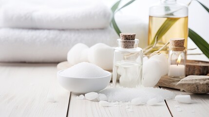 Fototapeta na wymiar beauty treatment items for spa procedures on white wooden table. massage stones, essential oils and sea salt 