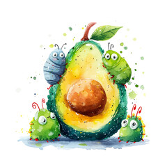 Illustration of an avocado surrounded by cute caterpillars colored using watercolor