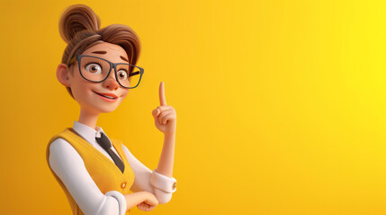 girl teacher with her finger up on the yellow background