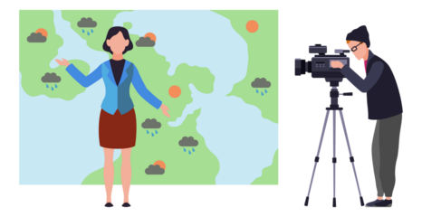 Weather forecast in tv studio. Television broadcast workers