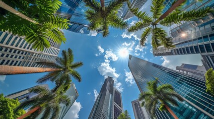 Fototapeta na wymiar dynamic low angle fisheye shot capturing the towering skyscrapers of Singapore's Garden City