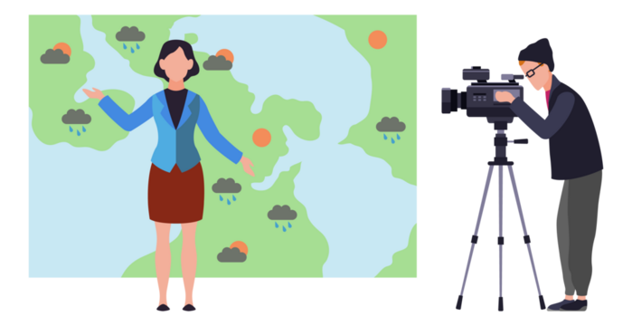 Weather forecast in tv studio. Television broadcast workers