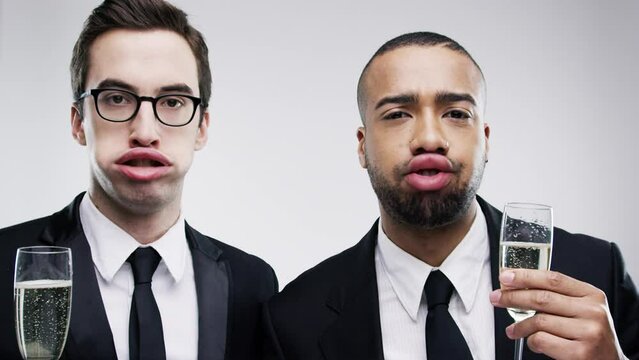 Young men, funny face and champagne in studio for goofy game, joke and lip movement for crazy humour. Friends, diversity and portrait with celebration with alcohol and party event by white background