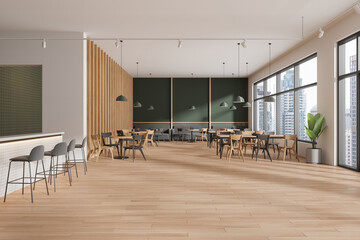 Modern restaurant interior with chairs and tables, bar island and window