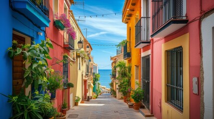 Fototapeta na wymiar Mediterranean colourful. Front sight of a street at Villajoyosa, Spain