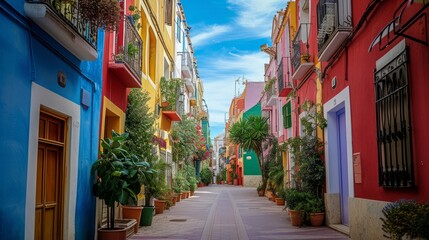 Fototapeta na wymiar Mediterranean colourful. Front sight of a street at Villajoyosa, Spain