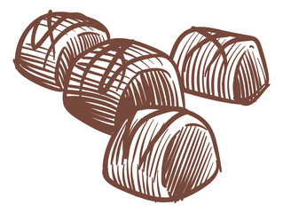 Chocolate candies sketch. Sweet tasty snack engraving
