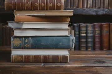 Literary composition stack of books over wooden table for education