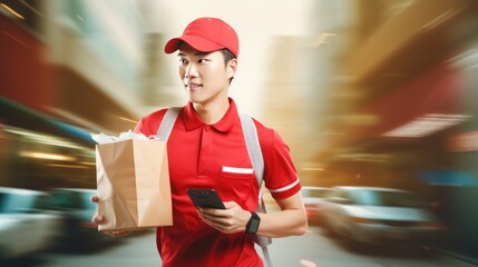 Asian delivery man with a grocery bag and mobile phone on a white background, representing the speed and convenience of online shopping.