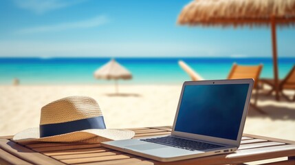 Obraz premium tablet computer and beach accessories on the sandy beach with a blue sea and sky, representing a perfect blend of technology and tropical relaxation.