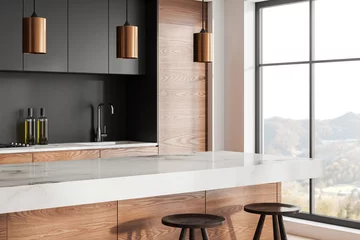 Foto op Plexiglas Modern home kitchen interior with bar island and cooking space near window © ImageFlow