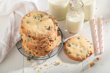 Homemade and fresh vanilla cookies served with milk in bottle.