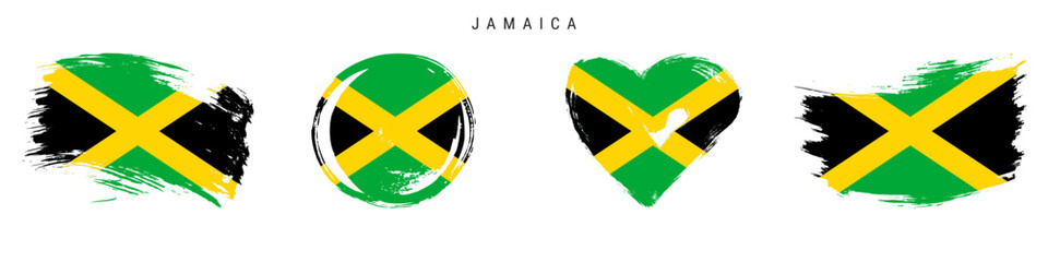 Jamaica hand drawn grunge style flag icon set. Jamaican banner in official colors. Free brush stroke shape, circle and heart-shaped. Flat vector illustration isolated on white.