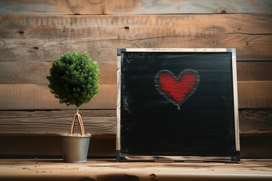 Blank blackboard with heart tree wooden backdrop, space for creativity