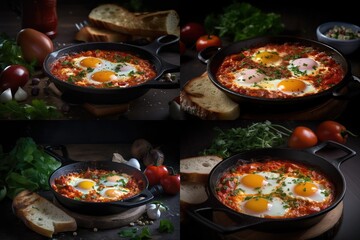 Shakshuka Breakfast, Healthy Vegetable Shakshouka with Eggs, Israel Shakshuka, Abstract Generative AI Illustration - obrazy, fototapety, plakaty