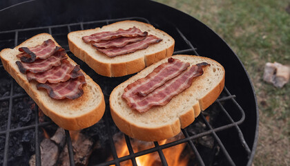 A savory meal with Sliced bacon, served on a plate alongside fresh homemade bread, creating a delicious Camping meal option