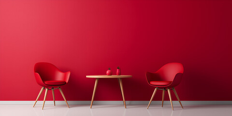 Red modern chair in empty room with shadow on wall, 