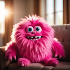 Obraz premium Fluffy pink monster sitting on the sofa