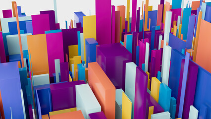 top view of an abstract colorful city background, geometric 3D  boxy shapes, urban pattern