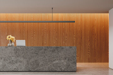 Modern office reception interior stone desk with laptop, entrance